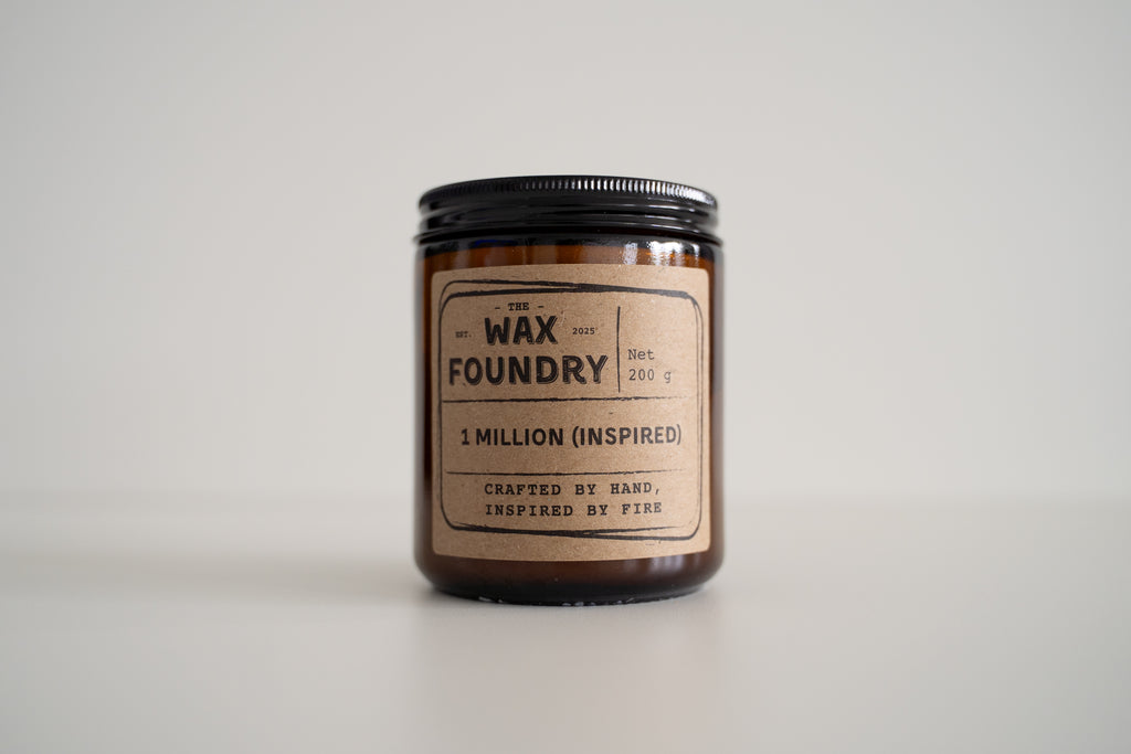 Candle jar with a label on a light gray background